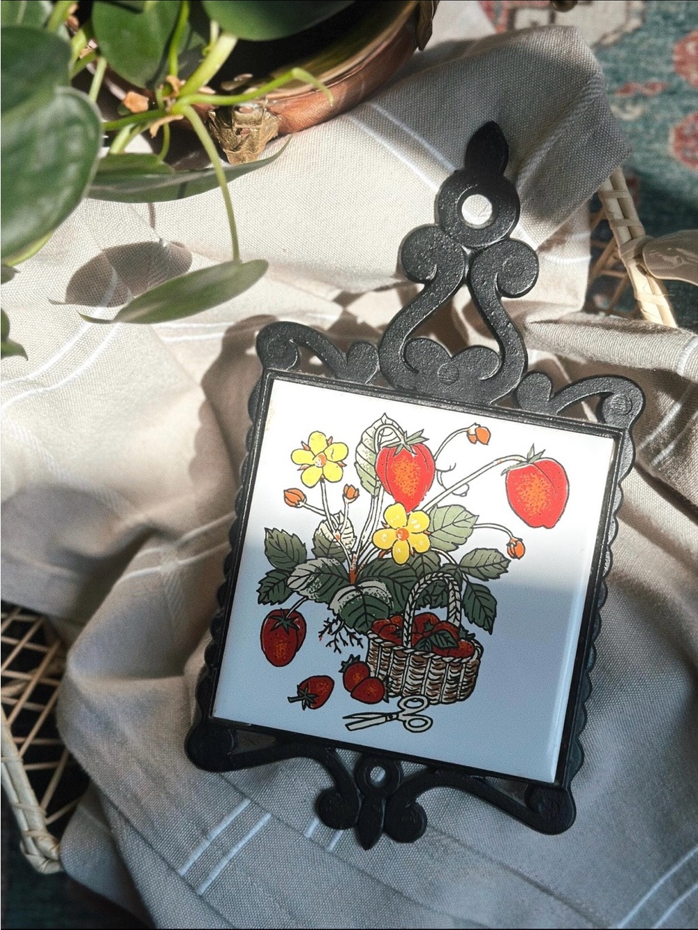 1970s Strawberry Trivet Ceramic & Cast Iron Farmhouse Decor Retro + BONUS Trivet